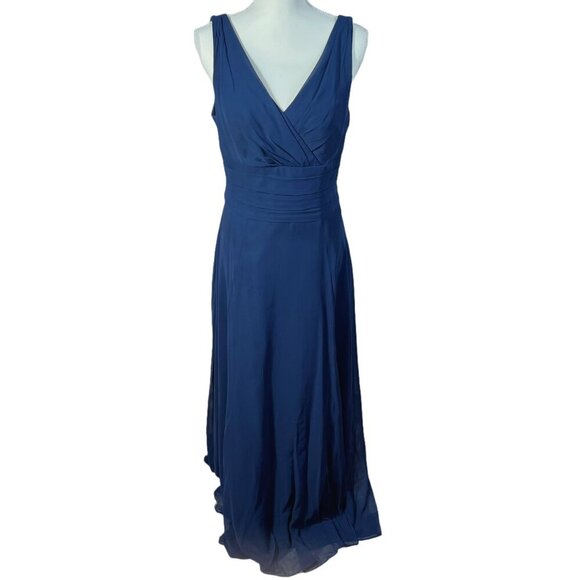 David's Bridal Long Chiffon Surplice Tank Dress in Marine Blue Women's Size 10 - Picture 1 of 12